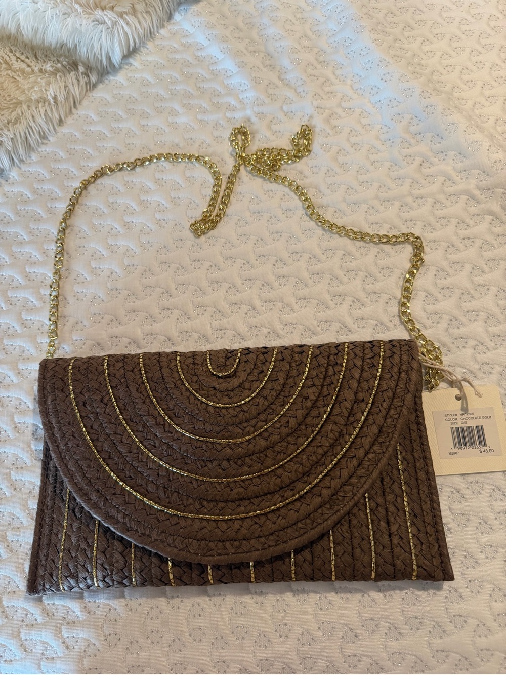 Brown Woven Clutch with Gold Chain Strap